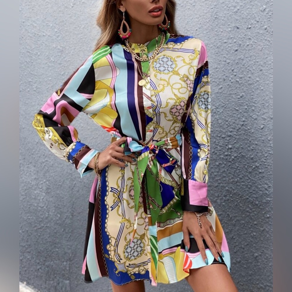 Dress with belt “S” Multicolor, 100% Polyester